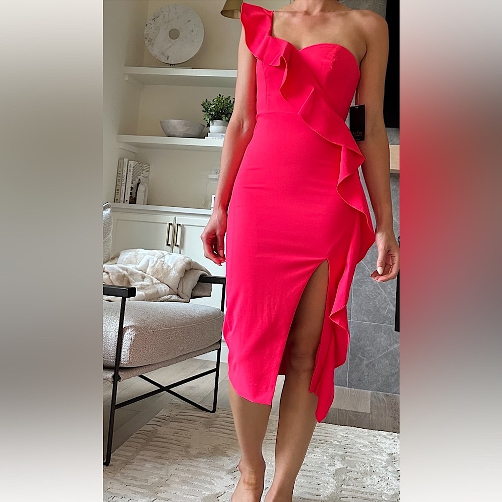 AIDAN MATTOX Crepe Cocktail Midi Dress- Color neon coral